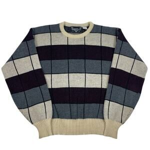 Vintage Wool Blend Color Block Gray, Cream, Purple Knit Sweater Size Medium